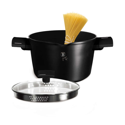 Product image of Pasta and rice pot with lid 24cm. Part of the Matte Black Collection . Features: • Material: forged aluminum with non-stick titanPro coating • Pasta and rice pot with lid Ø24 cm 6L • Color: black- silver REGISTERED DESIGN BY BER.... (Studio view). Official Berlinger Haus product, boosted by Promintra sl.