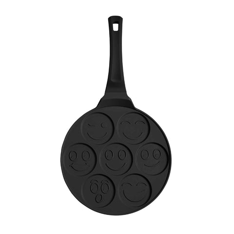 Product image of 7holes emoji pancake pan 26cm. Part of the Matte Black Collection/Black Rose Collection . Features: • Material: cast aluminium • Pancake pan Ø26*1,3 cm • Color: matt black. (Studio view). Official Berlinger Haus product, boosted by Promintra sl.