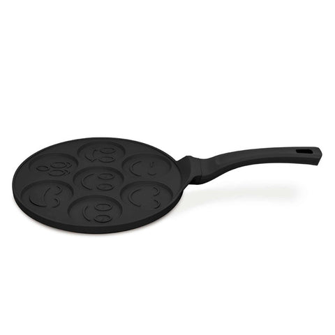 Product image of 7holes emoji pancake pan 26cm. Part of the Matte Black Collection/Black Rose Collection . Features: • Material: cast aluminium • Pancake pan Ø26*1,3 cm • Color: matt black. (Studio view). Official Berlinger Haus product, boosted by Promintra sl.