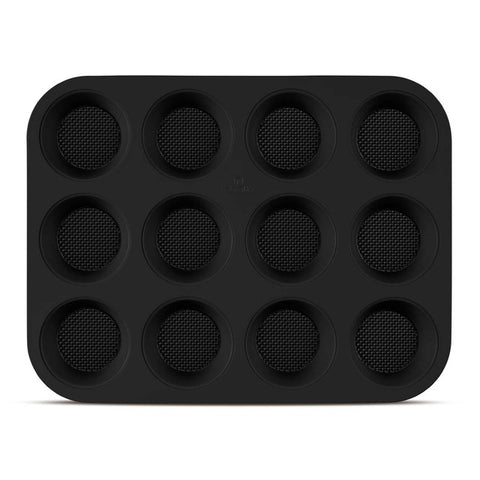 Product image of 12cups muffin pan. Part of the Matte Black Collection/Black Rose Collection . Features: • Material: carbon steel with titanPro non-stick coating • Size: 35*26,5*3 cm • Color: matt black. (Studio view). Official Berlinger Haus product, boosted by Promintra sl.