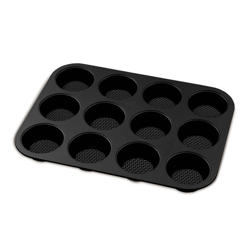 Product image of 12cups muffin pan. Part of the Matte Black Collection/Black Rose Collection . Features: • Material: carbon steel with titanPro non-stick coating • Size: 35*26,5*3 cm • Color: matt black. (Studio view). Official Berlinger Haus product, boosted by Promintra sl.