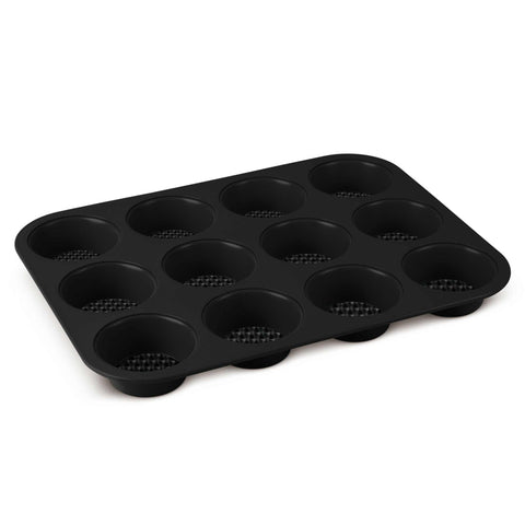 Product image of 12cups muffin pan. Part of the Matte Black Collection/Black Rose Collection . Features: • Material: carbon steel with titanPro non-stick coating • Size: 35*26,5*3 cm • Color: matt black. (Studio view). Official Berlinger Haus product, boosted by Promintra sl.