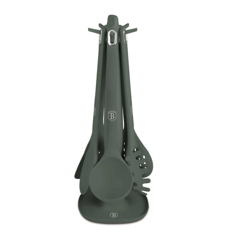 Product image of 6pcs kitchen tool set with stand silicone. Part of the Matte Green Collection . Features: • Material: nylon, plastic, silicone • Include: • Soup ladle 1 pc • Cooking spoon 1 pc • Spaghetti ladle 1 pc • Skimmer 1 pc • Slotted turner • Rot.... (Studio view). Official Berlinger Haus product, boosted by Promintra sl.