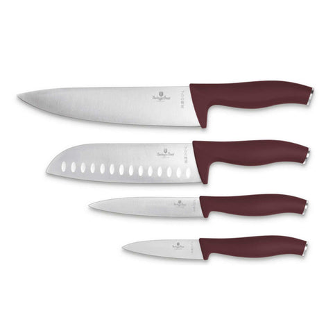 Product image of 4pcs knife set. Part of the Leonardo Collection . Features: • Material: stainless steel • Chef knife 20 cm • Santoku knife 17,5 cm • Utility knife 12,5 cm • Paring knife 9 cm • Color: matt bordeaux REGISTERE.... (Studio view). Official Berlinger Haus product, boosted by Promintra sl.