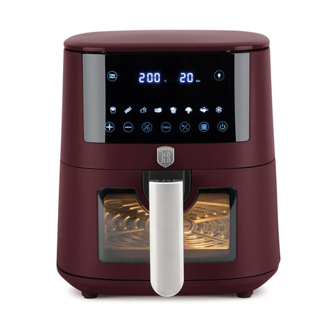 Imagem do produto: Fritadeira a ar de 5L com visor. Parte da Coleção Leonardo. Características: • Potência: 220-240V ~ 1400W • Controle de temperatura: 40-200℃ • Inclui: • TAMANHO XL: cesto para alimentos com revestimento antiaderente de 5L • DIGITAL • Cor: bordô fosco. (Imagem de estúdio). Produto oficial Berlinger Haus, com o apoio da Promintra sl.