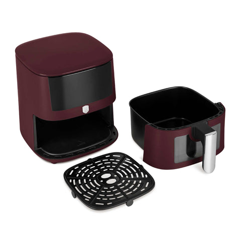 Imagem do produto: Fritadeira a ar de 5L com visor. Parte da Coleção Leonardo. Características: • Potência: 220-240V ~ 1400W • Controle de temperatura: 40-200℃ • Inclui: • TAMANHO XL: cesto para alimentos com revestimento antiaderente de 5L • DIGITAL • Cor: bordô fosco. (Imagem de estúdio). Produto oficial Berlinger Haus, com o apoio da Promintra sl.