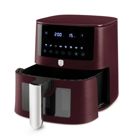 Imagem do produto: Fritadeira a ar de 5L com visor. Parte da Coleção Leonardo. Características: • Potência: 220-240V ~ 1400W • Controle de temperatura: 40-200℃ • Inclui: • TAMANHO XL: cesto para alimentos com revestimento antiaderente de 5L • DIGITAL • Cor: bordô fosco. (Imagem de estúdio). Produto oficial Berlinger Haus, com o apoio da Promintra sl.