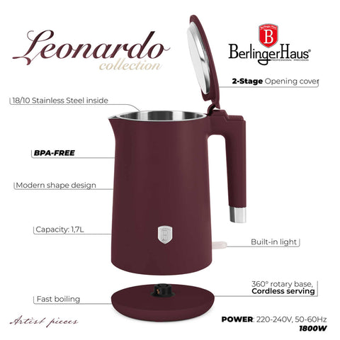 Imagem do produto: Chaleira elétrica de parede dupla. Parte da Coleção Leonardo. Características: • Material: aço inoxidável 18/10 no interior, plástico no exterior • Capacidade: 1,7L • Voltagem: 220-240V, 50/60Hz • Potência: 1800 W • Cor: bordô fosco. (Imagem de estúdio). Produto oficial Berlinger Haus, com o apoio da Promintra sl.