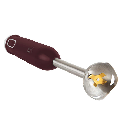 Product image of Hand blender. Part of the Leonardo Collection . Features: • Material: stainless steel, plastic • Voltage: 220-240V 50-60Hz • Power: 800W • Color: matt bordeaux. (Studio view). Official Berlinger Haus product, boosted by Promintra sl.