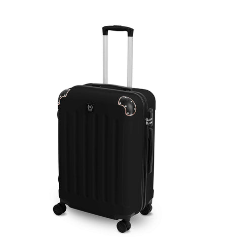 Product image of 3pcs suitcase set. Part of the Swiss Hufeisen . Features: • Material: plastic • Size: • 20" 38*24*55 cm; 42 L • 24" 43*27*65 cm; 65 L • 28" 49*30*76 cm; 99 L • Color: black- rose gold. (Studio view). Official Berlinger Haus product, boosted by Promintra sl.