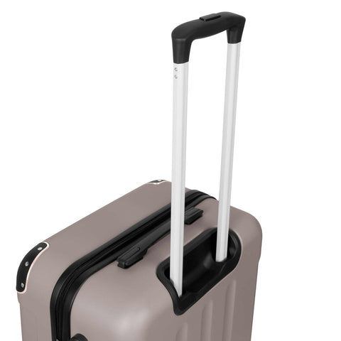 Product image of 3pcs suitcase set. Part of the Swiss Hufeisen . Features: • Material: plastic • Size: • 20" 38*24*55 cm; 42 L • 24" 43*27*65 cm; 65 L • 28" 49*30*76 cm; 99 L • Color: taupe- rose gold. (Studio view). Official Berlinger Haus product, boosted by Promintra sl.