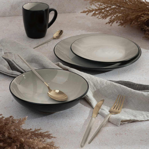 BH/10001,vajilla de 18 piezas,color crema,cerámica,porcelana y gres,vajilla,juego de cuencos y platos,gres,tableware,dinnerware set, Imagen tipo estilo de vida: detalles y funciones.
