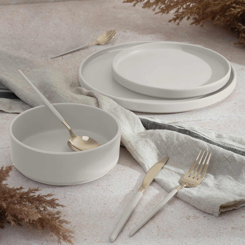  BH/10005, vajilla de 18 piezas, crema mate, vajilla de 18 piezas, cerámica/porcelana/gres, vajilla, juego, juego de cuenco y plato, gres, vajilla, juego de vajilla