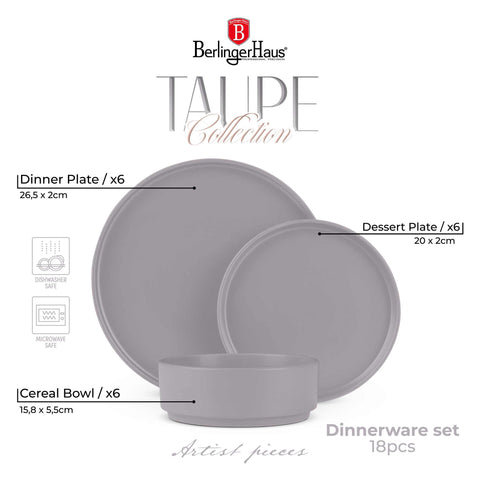  BH/10006, vajilla de 18 piezas, color topo mate, vajilla de 18 piezas, cerámica, porcelana y gres, vajilla, juego de cuencos y platos, gres, vajilla, juego de vajilla