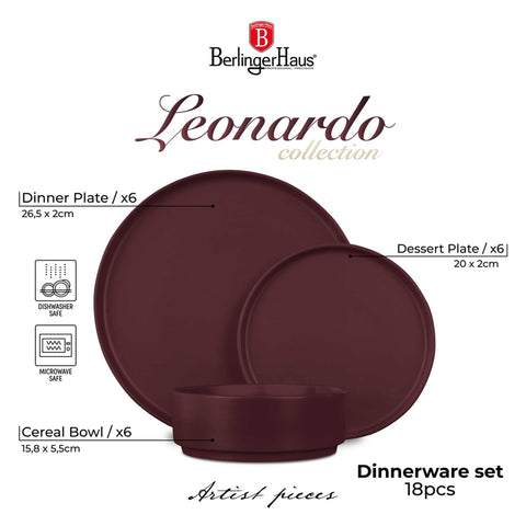 BH/10007A, vajilla de 18 piezas, burdeos mate, vajilla de 18 piezas, cerámica/porcelana/gres, vajilla, juego, juego de cuenco y plato, gres, vajilla, juego de vajilla