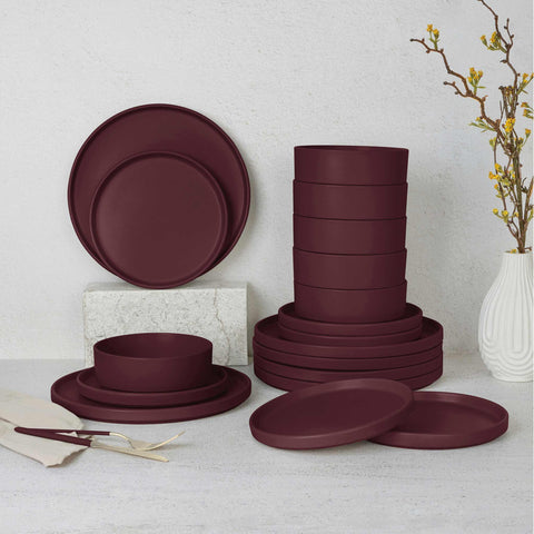BH/10007A, vajilla de 18 piezas, burdeos mate, vajilla de 18 piezas, cerámica/porcelana/gres, vajilla, juego, juego de cuenco y plato, gres, vajilla, juego de vajilla