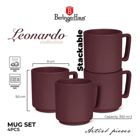  BH/10012A,BH/10012,Juego de tazas de 4 piezas,Burdeos mate,Juego de tazas,Cerámica/Porcelana/Gres,Vajilla,Taza