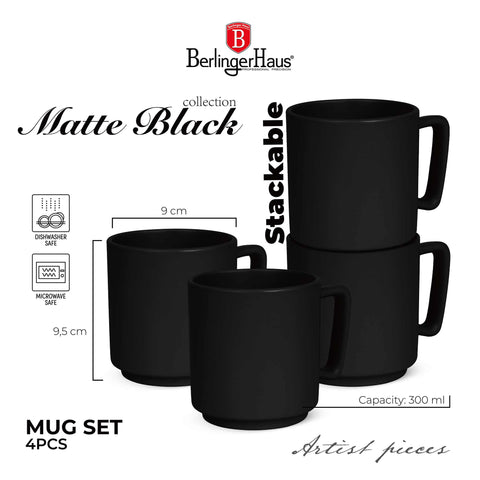  BH/10014,BH/10014A,Juego de tazas de 4 piezas,Negro mate,Juego de tazas,Cerámica/Porcelana/Gres,Vajilla,Taza