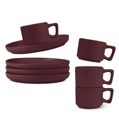  BH/10017, BH/10017A, juego de tazas de espresso de 4 + 4 piezas, burdeos mate, juego de espresso, cerámica/porcelana/gres, juego de tazas de espresso, vajilla, taza de espresso