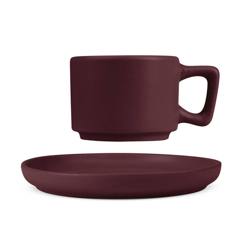 Product image of 4+4pcs espresso cup set. Part of the Leonardo Collection . Features: • Material: stoneware • 4 pcs cup: 5*6,5 cm, 100 ml • 4 pcs plate: 12,8*1,5 cm • Color: matt bordeaux. (Studio view). Official Berlinger Haus product, boosted by Promintra sl.