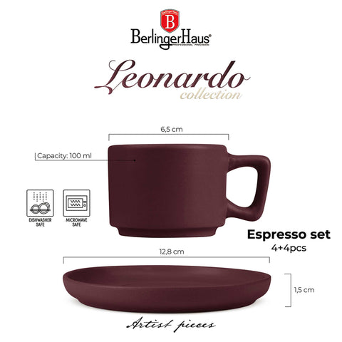  BH/10017A,BH/10017,Juego de tazas de espresso de 4+4 piezas,Burdeos mate,juego de espresso,cerámica/porcelana/gres,juego de tazas de espresso,vajilla,taza de espresso