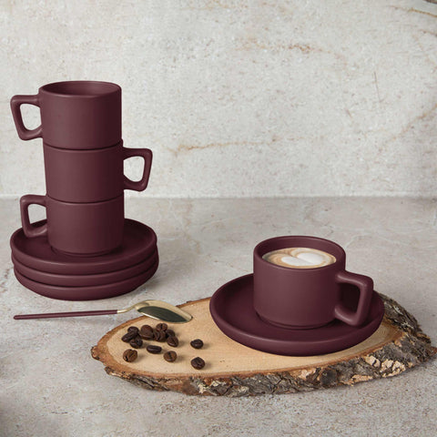  BH/10017A, juego de 4 tazas de espresso, burdeos mate, juego de espresso, cerámica, porcelana, gres, juego de tazas de espresso, vajilla, taza de espresso