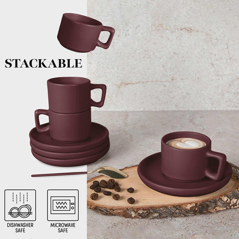  BH/10017, BH/10017A, juego de tazas de espresso de 4 + 4 piezas, burdeos mate, juego de espresso, cerámica/porcelana/gres, juego de tazas de espresso, vajilla, taza de espresso
