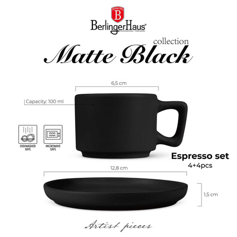  BH/10019, BH/10019A, Juego de tazas de espresso de 4 + 4 piezas, Negro mate, Juego de espresso, Cerámica/Porcelana/Gres, Juego de tazas de espresso, Vajilla, Taza de espresso