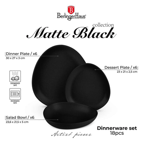  BH/10021, vajilla de 18 piezas, negro mate, vajilla de 18 piezas, cerámica/porcelana/gres, vajilla, juego, juego de cuenco y plato, gres, vajilla, juego de vajilla