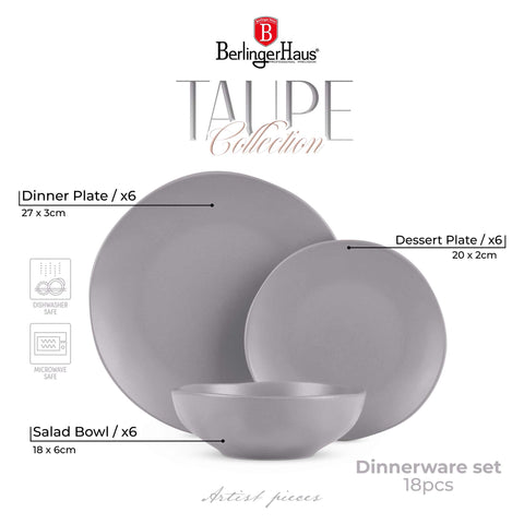 BH/10023, cerámica, gres, gris topo mate, juego, juego de cuenco y plato, porcelana, tableware, Taupe Collection, vajilla, vajilla de 18 piezas, Taupe Collection, tableware,Tableware,Dinnerware Set, Imagen conceptual: producto y función clave.