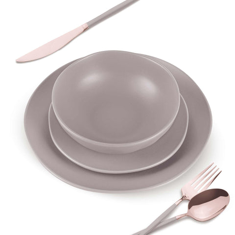 BH/10023, cerámica, gres, gris topo mate, juego, juego de cuenco y plato, porcelana, tableware, Taupe Collection, vajilla, vajilla de 18 piezas, Taupe Collection, tableware,Tableware,Dinnerware Set, Imagen conceptual: producto y función clave.