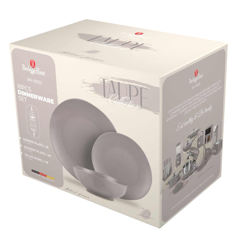 BH/10023, cerámica, gres, gris topo mate, juego, juego de cuenco y plato, porcelana, tableware, Taupe Collection, vajilla, vajilla de 18 piezas, Taupe Collection, tableware,Tableware,Dinnerware Set, Embalaje del producto.