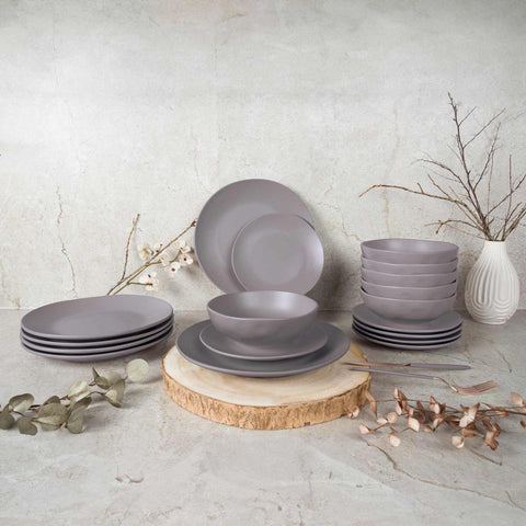 BH/10023, cerámica, gres, gris topo mate, juego, juego de cuenco y plato, porcelana, tableware, Taupe Collection, vajilla, vajilla de 18 piezas, Taupe Collection, tableware,Tableware,Dinnerware Set, Imagen tipo estilo de vida: detalles y funciones.