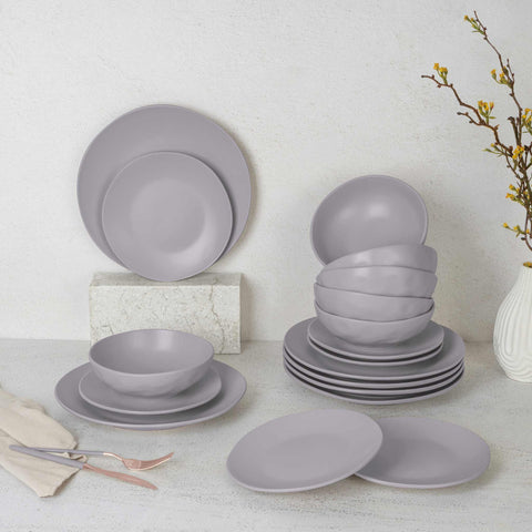BH/10023, cerámica, gres, gris topo mate, juego, juego de cuenco y plato, porcelana, tableware, Taupe Collection, vajilla, vajilla de 18 piezas, Taupe Collection, tableware,Tableware,Dinnerware Set, Imagen tipo estilo de vida: detalles y funciones.
