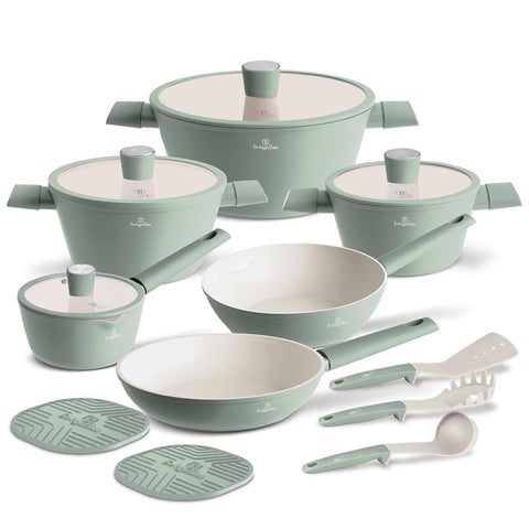 Product image of 15pcs cookware set. Part of the Pistachio Collection . Features: • Material: forged aluminum with ceramic coating • Include: • Deep frypan Ø24*6,5 cm 2,3L • Frypan Ø28*5,2cm 2,4L • Casserole with (strainer) lid Ø.... (Studio view). Official Berlinger Haus product, boosted by Promintra sl.