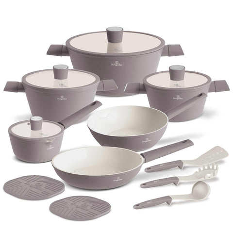 Product image of 15pcs cookware set. Part of the Taupe Pro Collection . Features: • Material: forged aluminum with ceramic coating • Include: • Deep frypan Ø24*6,5 cm 2,3L • Frypan Ø28*5,2cm 2,4L • Casserole with (strainer) lid Ø.... (Studio view). Official Berlinger Haus product, boosted by Promintra sl.