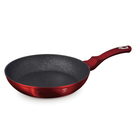 Product image of Frypan 28cm. Part of the Metallic Line Burgundy Edition . Features: • Material: forged aluminum • Frypan Ø28*5,2 cm 2,4L • Color: metallic burgundy REGISTERED DESIGN BY BERLINGER HAUS!. (Studio view). Official Berlinger Haus product, boosted by Promintra sl.