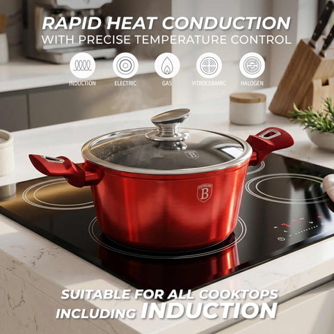 Product image of Casserole with lid 20cm. Part of the Metallic Line Burgundy Edition . Features: • Material: forged aluminum • Casserole with lid Ø20*10,4 cm 2,5L • Color: metallic burgundy REGISTERED DESIGN BY BERLINGER HAUS!. (Studio view). Official Berlinger Haus product, boosted by Promintra sl.