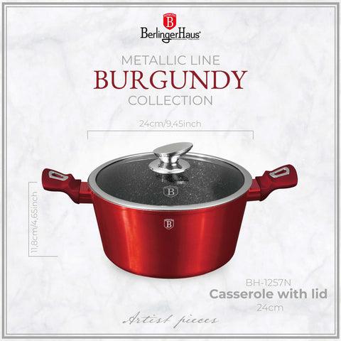  BH/1257N, BH/1257NN, Cacerola con tapa 24cm, Borgoña, Rojo, Cacerola 24 cm, Cacerola, Olla, Cacerola con tapa, Batería de cocina, Cocina, Ollas y cazuelas