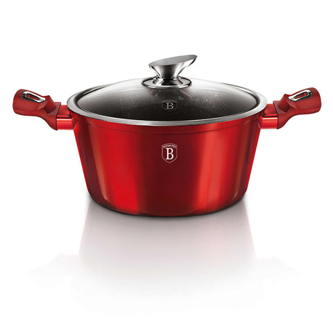 Product image of Casserole with lid 28cm. Part of the Metallic Line Burgundy Edition . Features: • Material: forged aluminum • Casserole with lid Ø28*12,4 cm 6,1L • Color: metallic burgundy REGISTERED DESIGN BY BERLINGER HAUS!. (Studio view). Official Berlinger Haus product, boosted by Promintra sl.