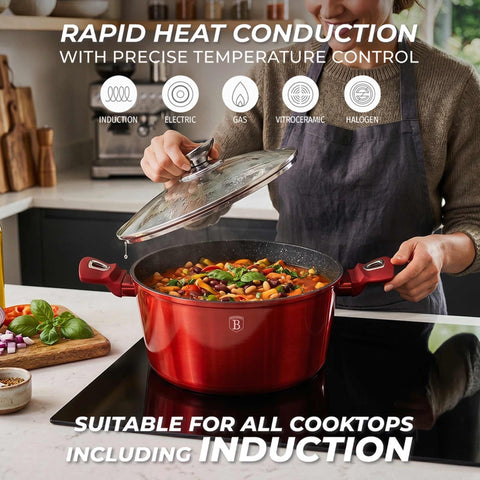 Product image of Casserole with lid 28cm. Part of the Metallic Line Burgundy Edition . Features: • Material: forged aluminum • Casserole with lid Ø28*12,4 cm 6,1L • Color: metallic burgundy REGISTERED DESIGN BY BERLINGER HAUS!. (Studio view). Official Berlinger Haus product, boosted by Promintra sl.