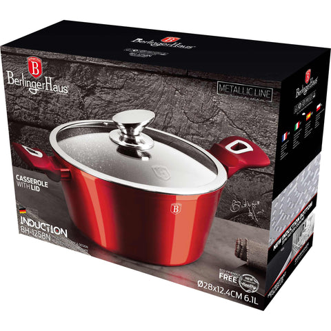 Product image of Casserole with lid 28cm. Part of the Metallic Line Burgundy Edition . Features: • Material: forged aluminum • Casserole with lid Ø28*13 cm 5,35L • Color: metallic burgundy REGISTERED DESIGN BY BERLINGER HAUS!. (Studio view). Official Berlinger Haus product, boosted by Promintra sl.