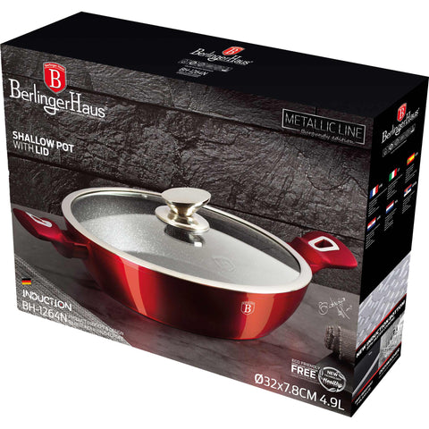 Product image of Shallow pot with lid 32cm. Part of the Metallic Line Burgundy Edition . Features: • Material: forged aluminum • Shallow pot with lid Ø32*7,8 cm 4,9L • Color: metallic burgundy REGISTERED DESIGN BY BERLINGER HAUS!. (Giftbox view). Official Berlinger Haus product, boosted by Promintra sl.