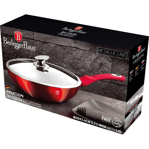  BH/1265N, Wok con tapa 28cm, Burdeos, Rojo, Wok 28 cm con tapa, Wok, Wok con tapa, Batería de cocina, Cocina, Sartenes