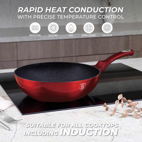 Product image of Wok 28cm. Part of the Metallic Line Burgundy Edition . Features: • Material: forged aluminum • Wok Ø28*7,4 cm 3,2L • Color: metallic burgundy REGISTERED DESIGN BY BERLINGER HAUS!. (Studio view). Official Berlinger Haus product, boosted by Promintra sl.
