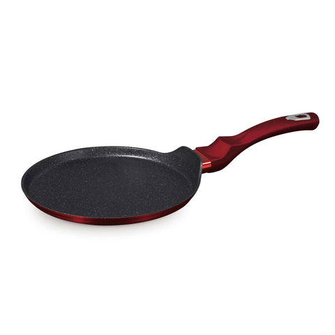 Product image of Pancake pan 25cm. Part of the Metallic Line Burgundy Edition . Features: • Material: forged aluminum • Pancake pan Ø25 cm • Color: metallic burgundy REGISTERED DESIGN BY BERLINGER HAUS!. (Studio view). Official Berlinger Haus product, boosted by Promintra sl.