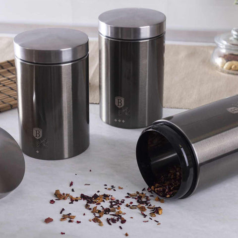  BH/1348, juego de 3 botes, carbono, gris, juego de botes a., juego de botes, botes de cocina, contenedores de almacenamiento, almacenamiento de alimentos, bote