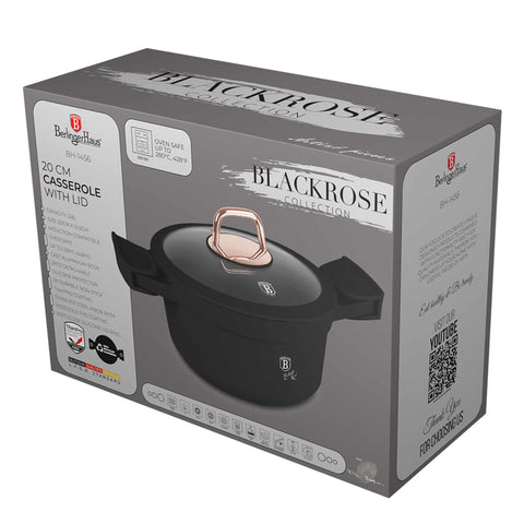 BH/1456, Cacerola con tapa de 20 cm, negra, oro rosa, cacerola de 20 cm, aluminio fundido, cacerola, olla, cacerola con tapa, utensilios de cocina, cocina, ollas y cazuelas