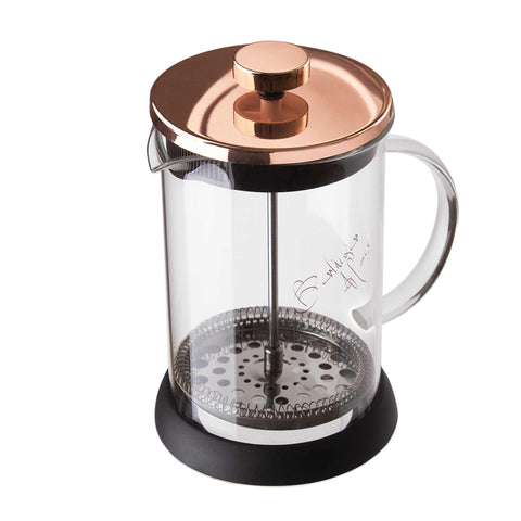Product image of Coffee & tea plunger 600ml. Part of the Metallic Line Rose Gold Edition . Features: • Coffee & tea plunger • Material: 18/10 stainless steel, borosilicate glass ( 1,8mm ) • Capacity 600 ml • Colors: rose gold. (Studio view). Official Berlinger Haus product, boosted by Promintra sl.