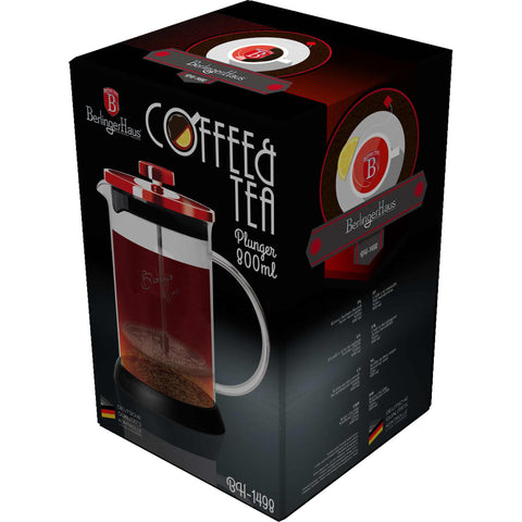 Product image of Coffee & tea plunger 800ml. Part of the Metallic Line Burgundy Edition . Features: • Coffee & tea plunger • Material: 18/10 stainless steel, borosilicate glass (1,8 mm ) • Capacity 800 ml • Colors: metallic burgundy. (Studio view). Official Berlinger Haus product, boosted by Promintra sl.